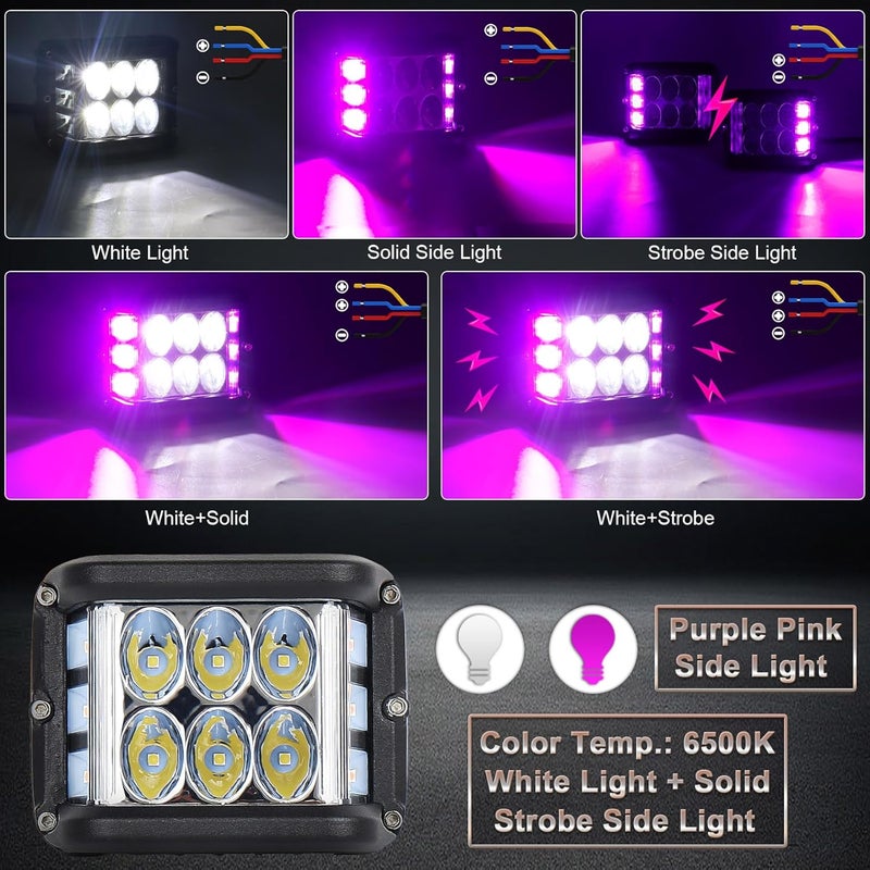POVTOR Purple Pink Dual Side Shooter LED Pod Lights, 4 inch LED Light Pods with DRL Solid&Strobe Off Road LED Driving Cube Lights for Tractor Plow Truck ATV UTV SUV 4x4 Boat Motorcycle - Image 2